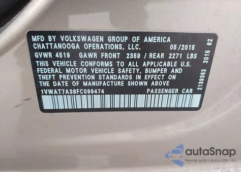 2015 Volkswagen Passat 1.8T Limited Edition из США, поврежденный, VIN 1VWAT7A38FC099474